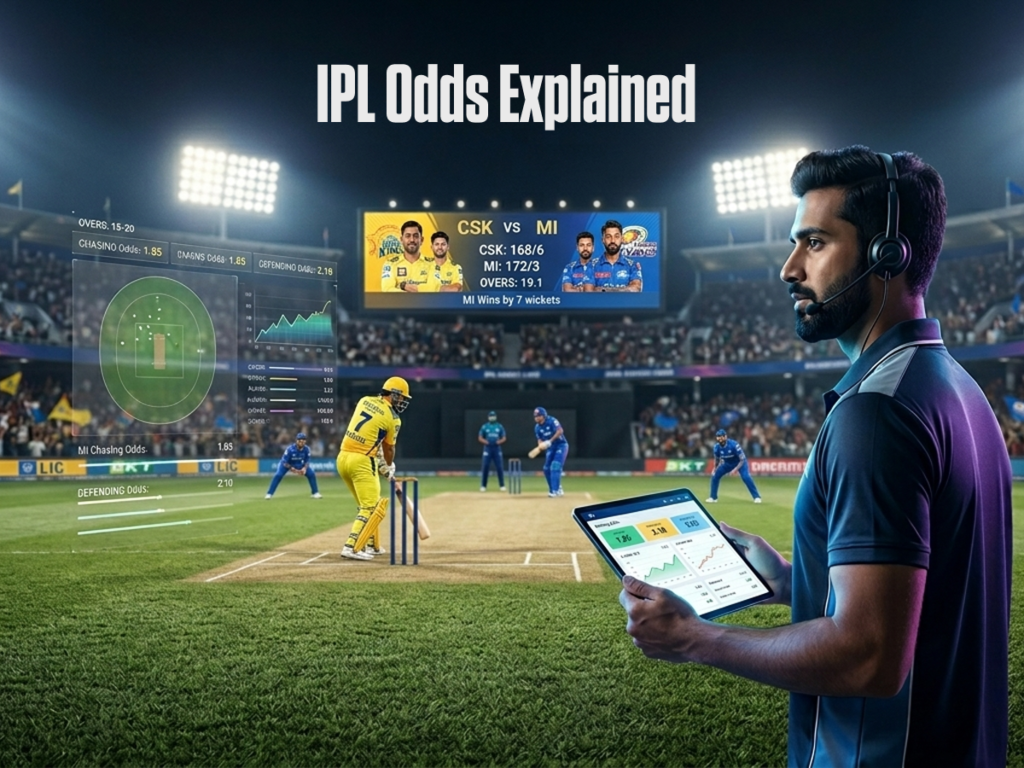 An Indian cricket analyst monitors a live CSK vs. MI night match using a tablet and holographic data overlays within a packed, floodlit stadium