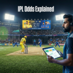 An Indian cricket analyst monitors a live CSK vs. MI night match using a tablet and holographic data overlays within a packed, floodlit stadium